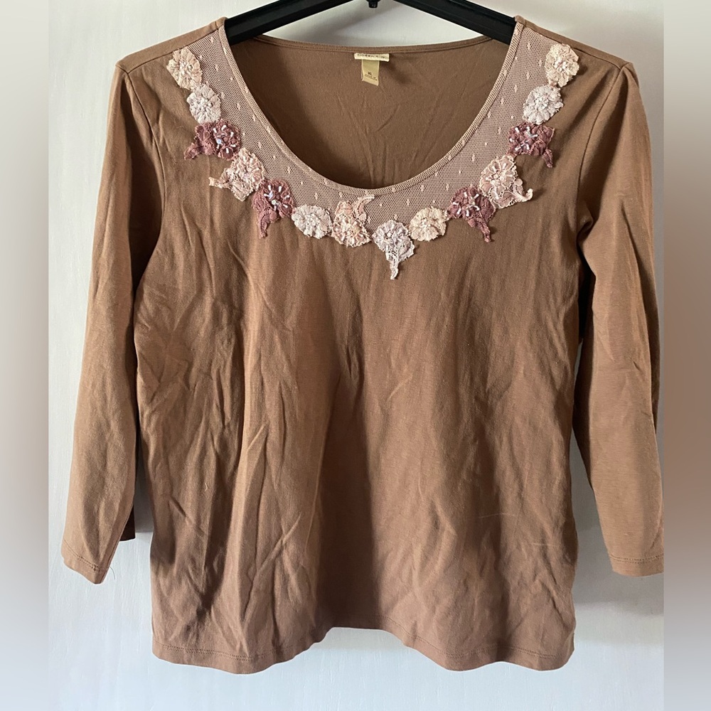 Linden Tan Blouse with Pink Floral Accents